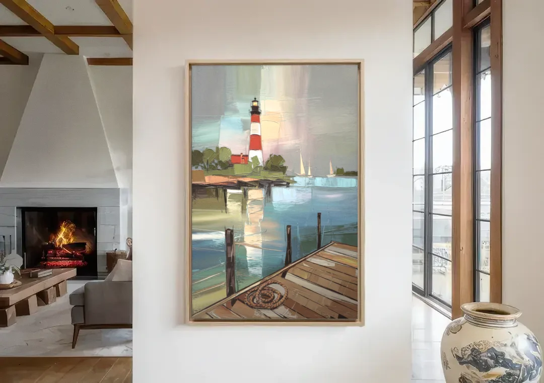 Hilton Head Island Coastal Lighthouse canvas wall art in a living room with a fireplace