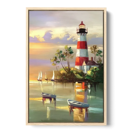 Hilton Head Island Coastal Lighthouse Nautical - Oak Framed Canvas Wall Art - Front