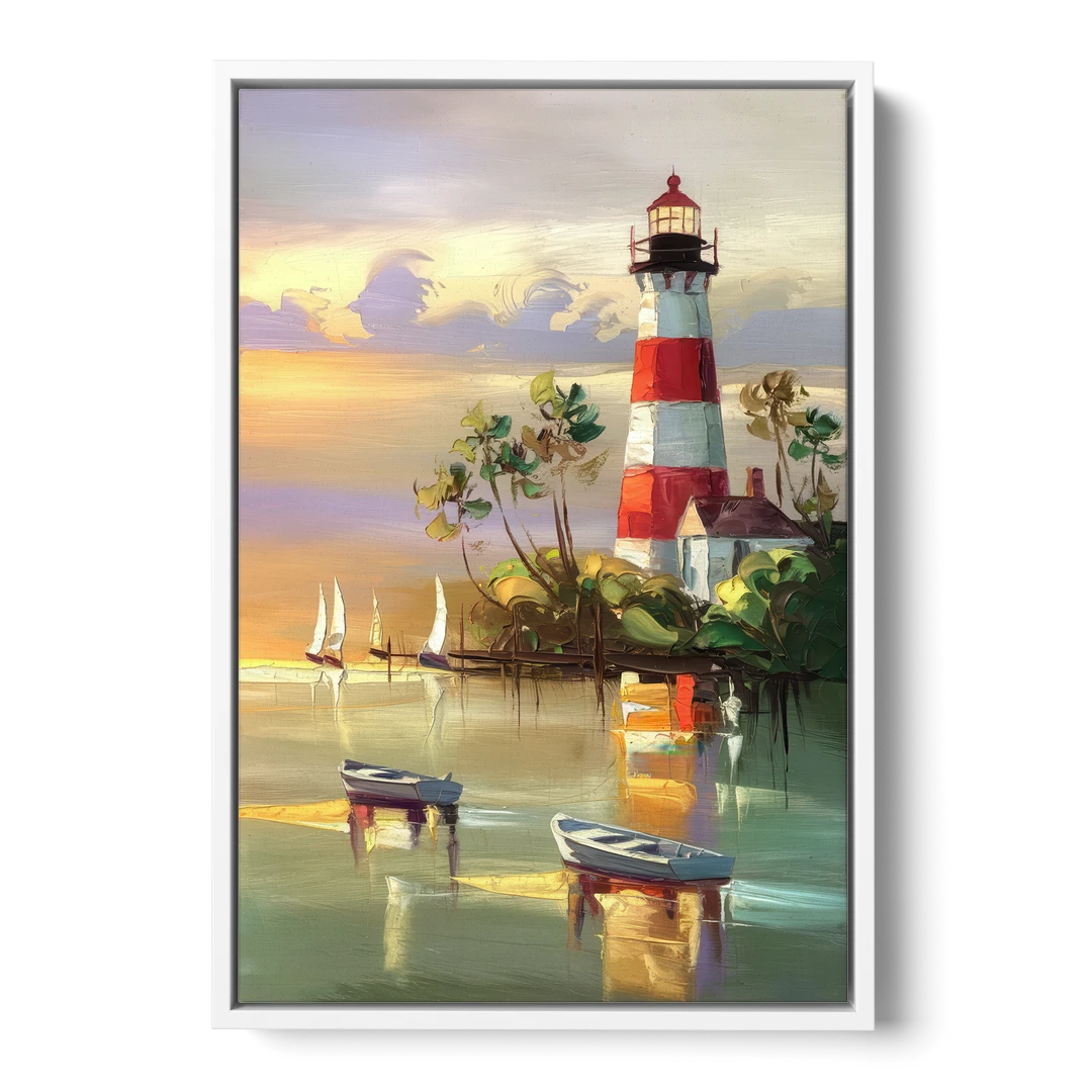 Hilton Head Island Coastal Lighthouse Nautical - White Framed Canvas Wall Art - Front