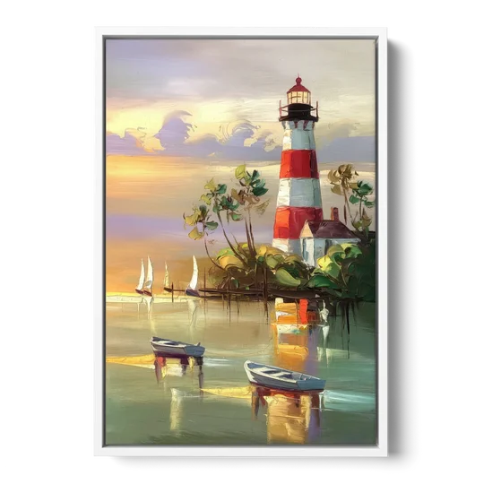 Hilton Head Island Coastal Lighthouse Nautical - White Framed Canvas Wall Art - Front