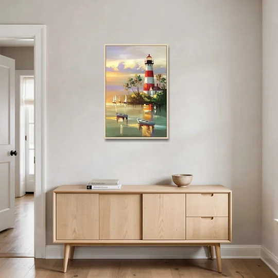 Hilton Head Island Coastal Lighthouse Nautical - Oak Framed Canvas Wall Art - Coffee Table - 24x36