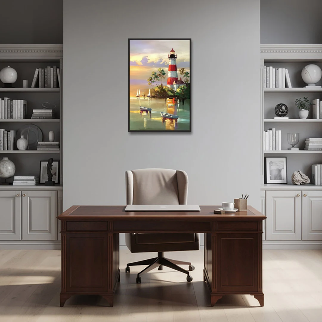 Hilton Head Island Coastal Lighthouse Nautical - Black Framed Canvas Wall Art - Office - 24x36