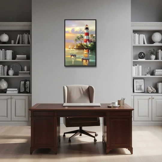 Hilton Head Island Coastal Lighthouse Nautical - Black Framed Canvas Wall Art - Office - 24x36