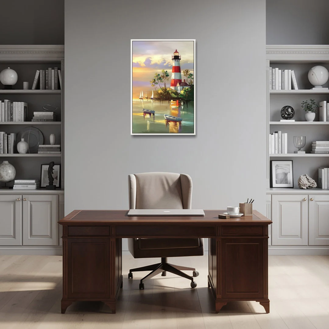 Hilton Head Island Coastal Lighthouse Nautical - White Framed Canvas Wall Art - Office - 24x36