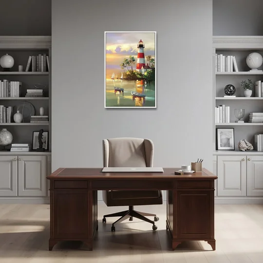 Hilton Head Island Coastal Lighthouse Nautical - White Framed Canvas Wall Art - Office - 24x36