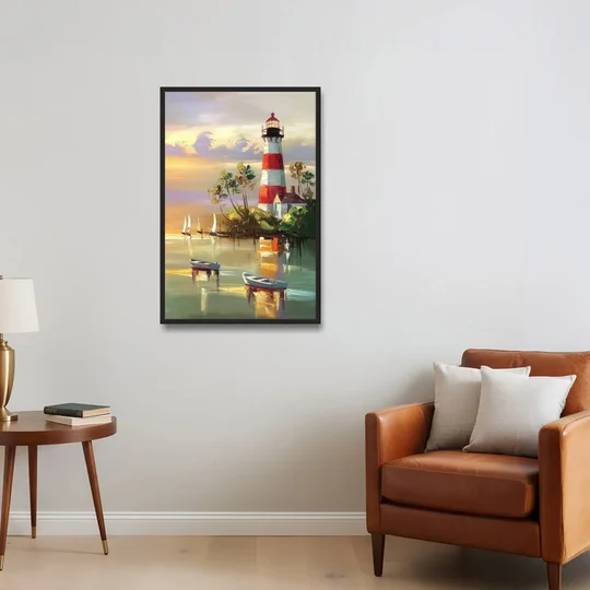 Hilton Head Island Coastal Lighthouse Nautical - Black Framed Canvas Wall Art - Sofa - 24x36