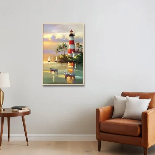 Hilton Head Island Coastal Lighthouse Nautical - Oak Framed Canvas Wall Art - Sofa - 24x36