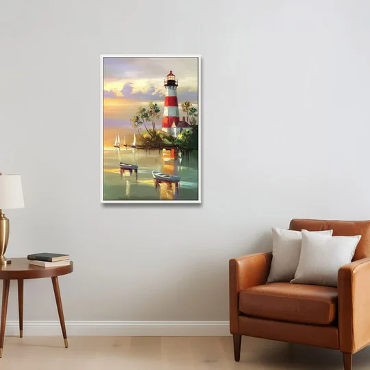 Hilton Head Island Coastal Lighthouse Nautical - White Framed Canvas Wall Art - Sofa - 24x36