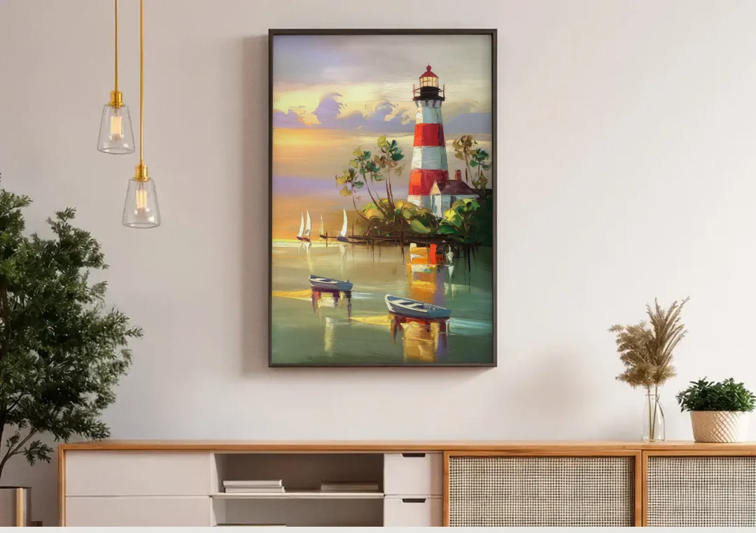 Hilton Head Island Coastal Lighthouse Nautical canvas wall art above a wooden sideboard under pendant lights