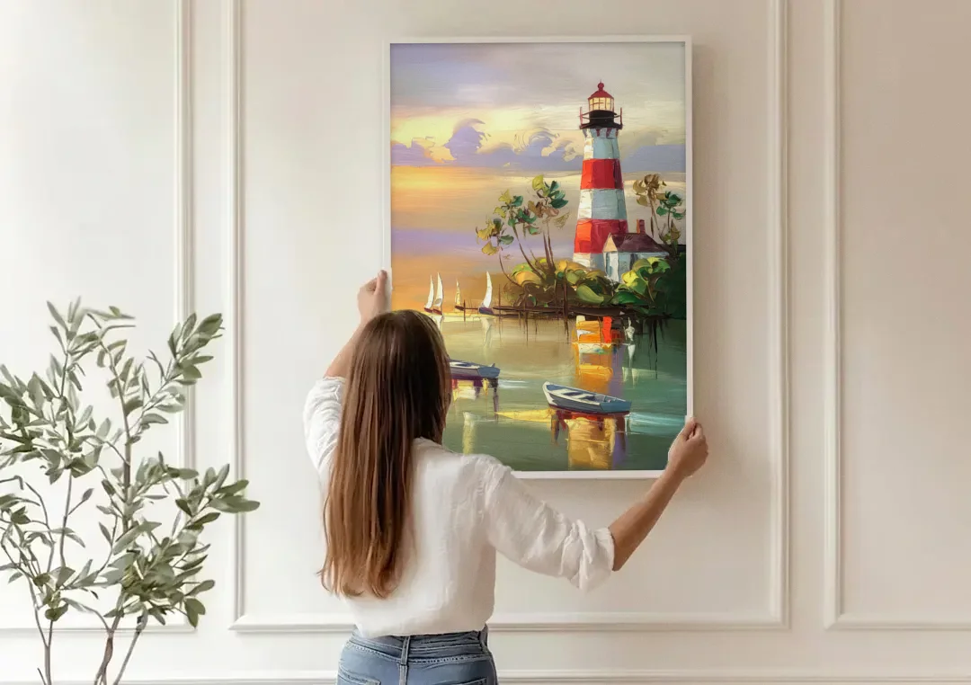 Hilton Head Island Coastal Lighthouse Nautical canvas wall art being hung on a paneled wall