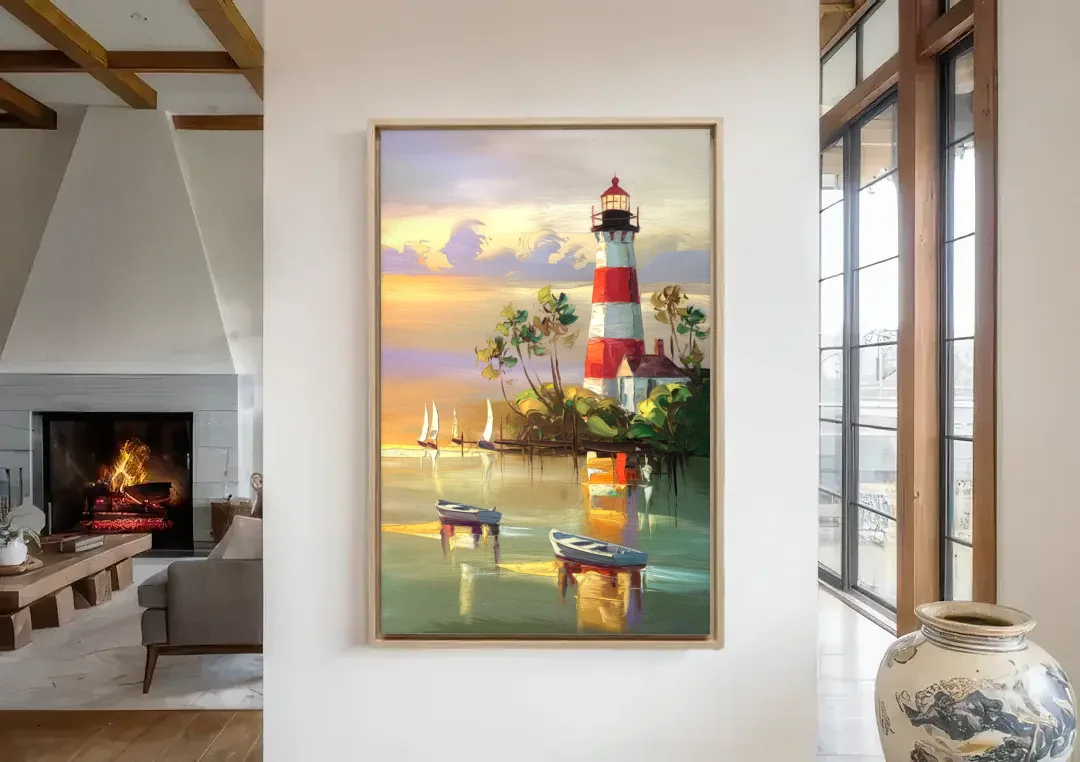 Hilton Head Island Coastal Lighthouse Nautical canvas wall art in a living room with a fireplace