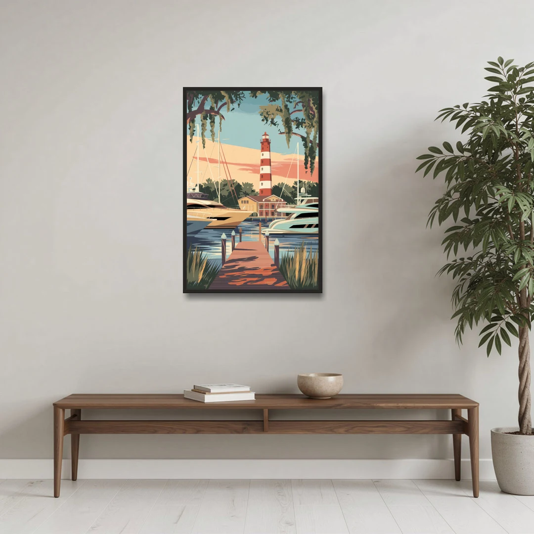 Hilton Head Island Harbour Town Marina - Black Framed Canvas Wall Art - Coffee Table - 24x36