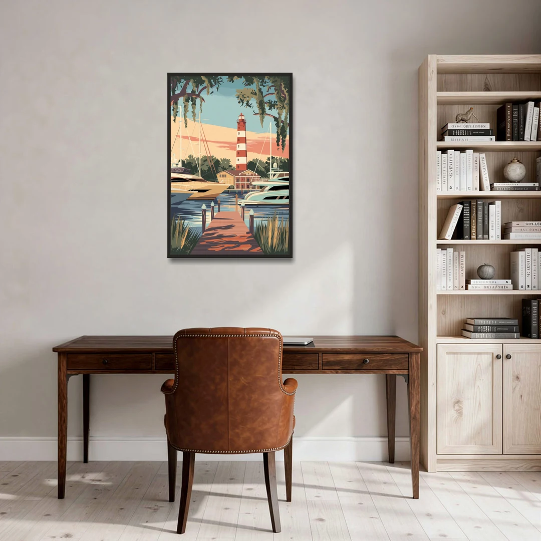 Hilton Head Island Harbour Town Marina - Black Framed Canvas Wall Art - Office - 24x36