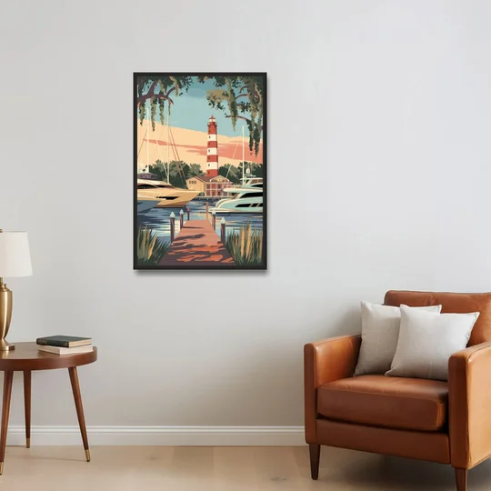 Hilton Head Island Harbour Town Marina - Black Framed Canvas Wall Art - Sofa - 24x36