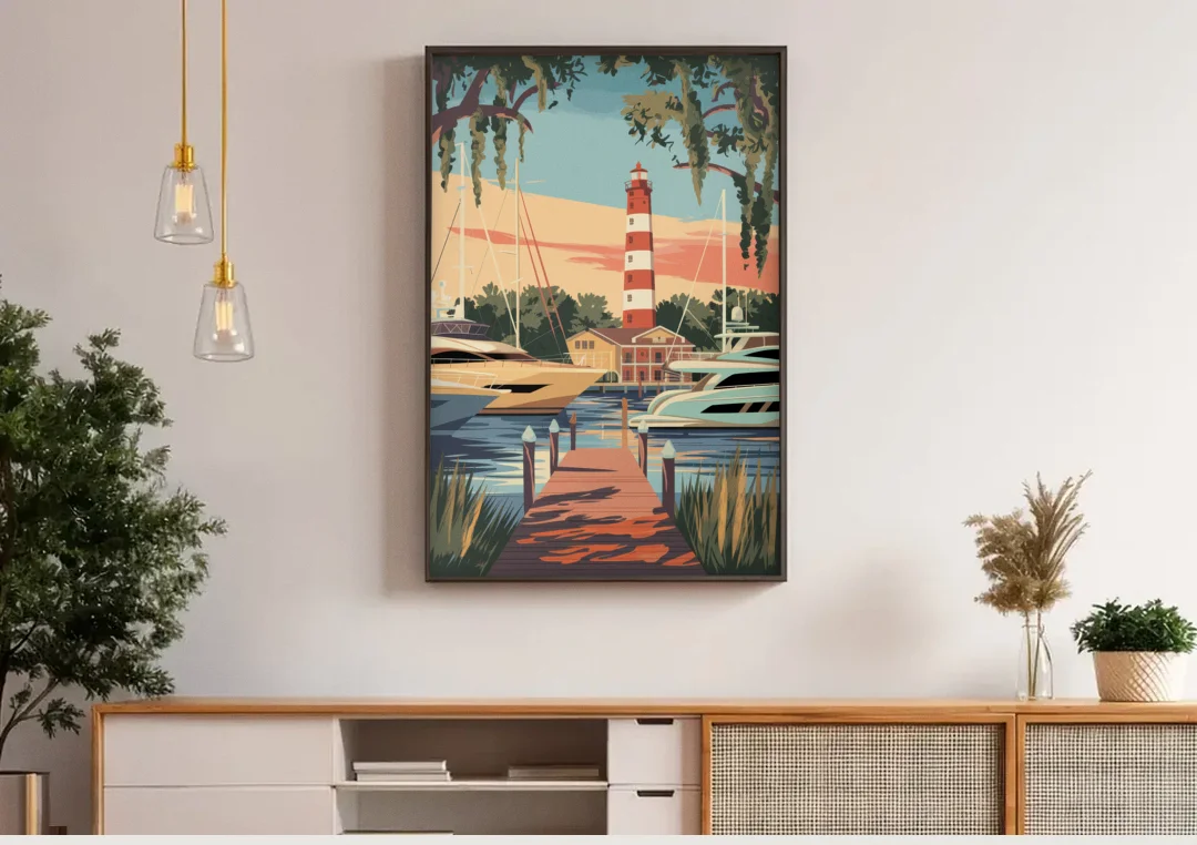 Hilton Head Island Harbour Town Marina canvas wall art above a wooden sideboard under pendant lights