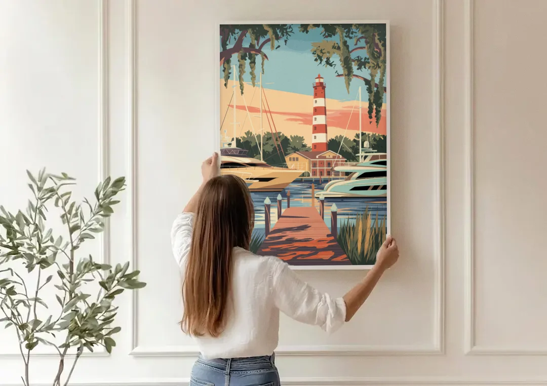 Hilton Head Island Harbour Town Marina canvas wall art being hung on a paneled wall