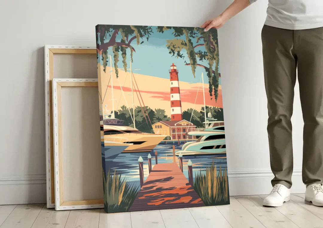 Hilton Head Island Harbour Town Marina canvas wall art leaning against a wall next to blank canvases