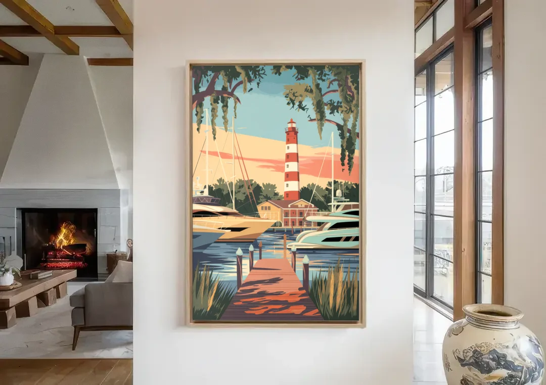 Hilton Head Island Harbour Town Marina canvas wall art in a living room with a fireplace
