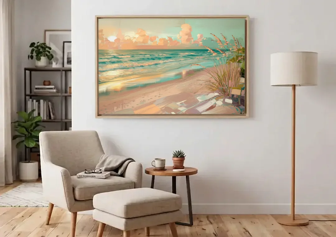 Hilton Head Island Oceanfront Sunrise canvas wall art above an armchair in a bright living room