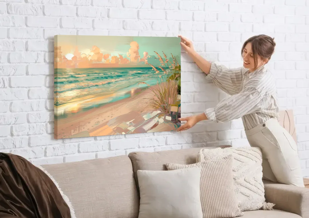 Hilton Head Island Oceanfront Sunrise canvas wall art being hung on a white brick wall above a sofa