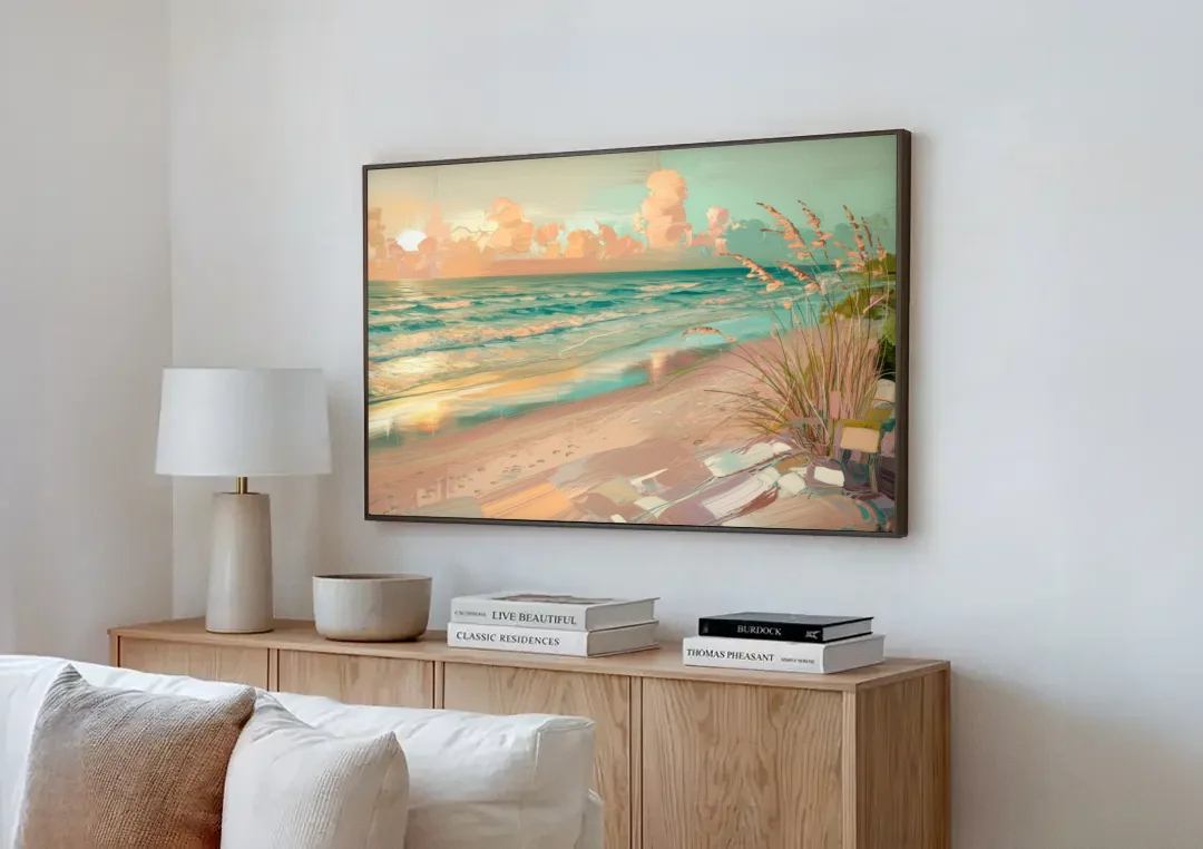 Hilton Head Island Oceanfront Sunrise canvas wall art above a wooden sideboard next to a sofa