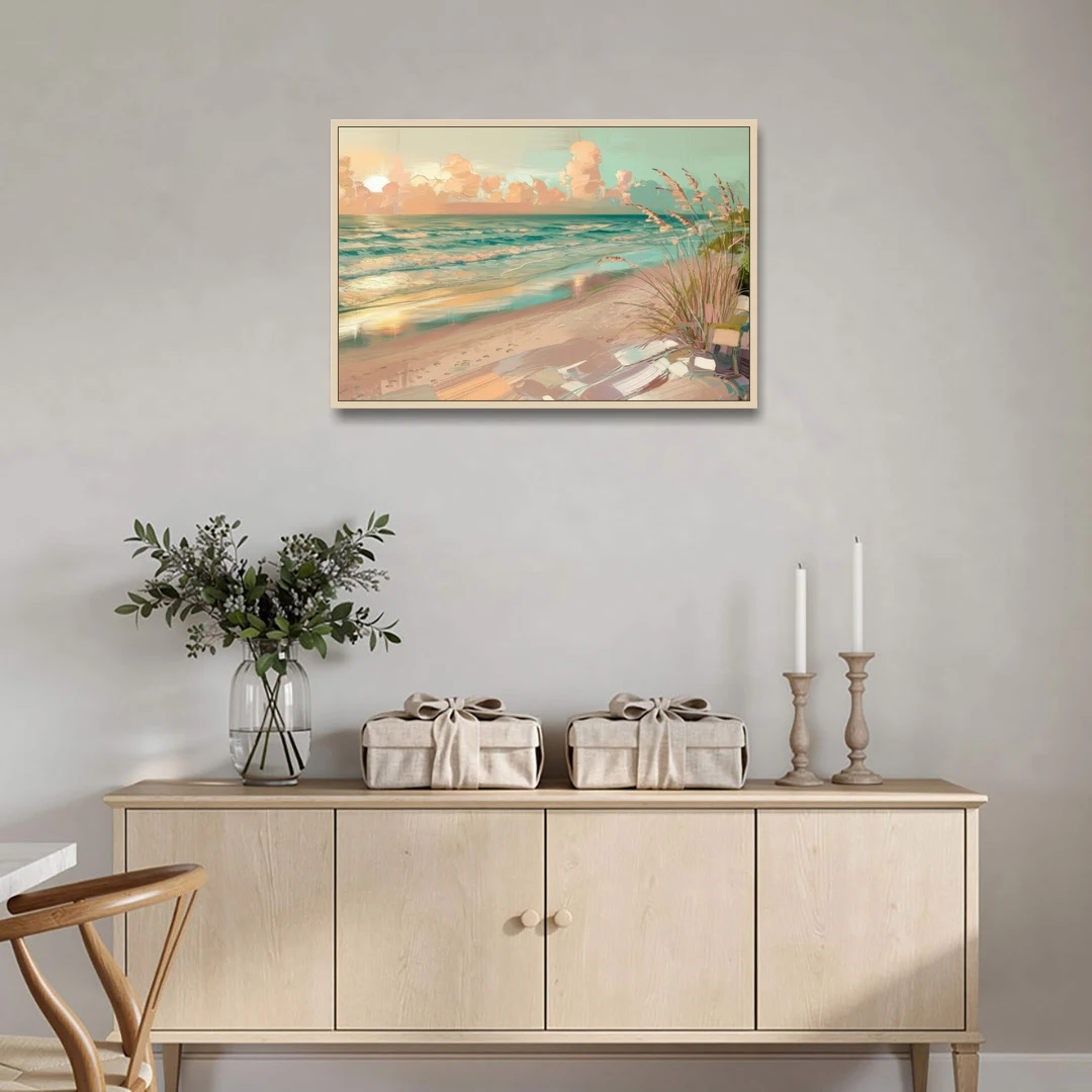 Hilton Head Island Oceanfront Sunrise - Oak Framed Canvas Wall Art - Coffee Table - 36x24