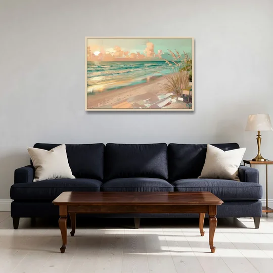 Hilton Head Island Oceanfront Sunrise - Oak Framed Canvas Wall Art - Sofa - 36x24