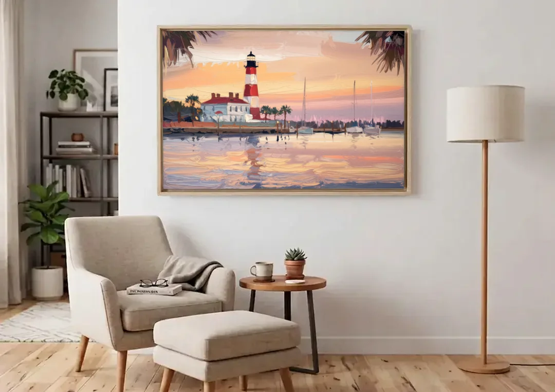 Hilton Head Island Palmetto Breeze canvas wall art above an armchair in a bright living room