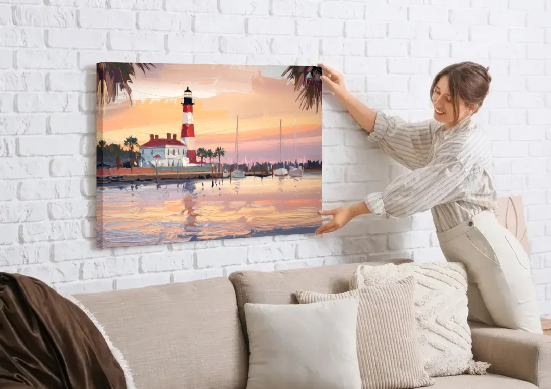 Hilton Head Island Palmetto Breeze canvas wall art being hung on a white brick wall above a sofa