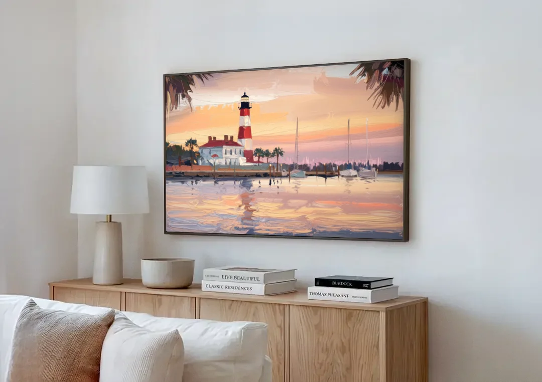 Hilton Head Island Palmetto Breeze canvas wall art above a wooden sideboard next to a sofa