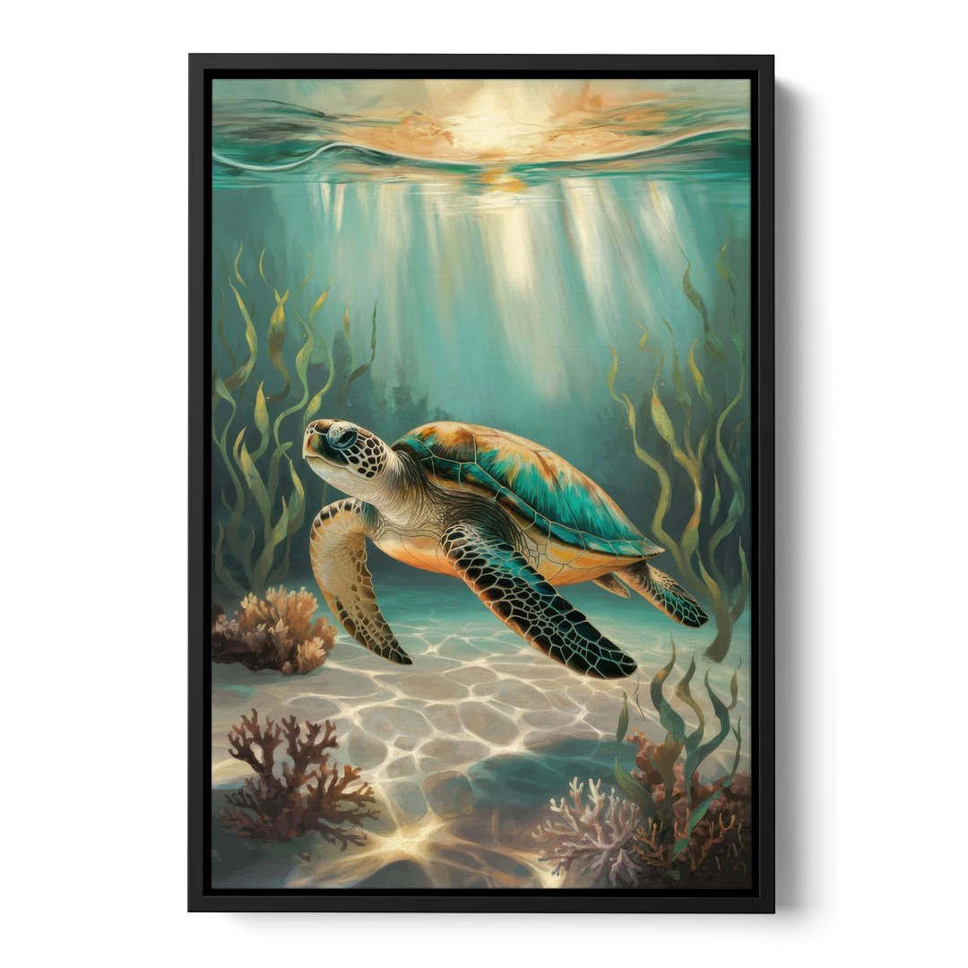 Hilton Head Island Sea Turtle Journey - Black Framed Canvas Wall Art - Front