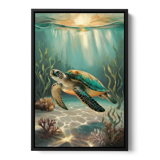 Hilton Head Island Sea Turtle Journey - Black Framed Canvas Wall Art - Front