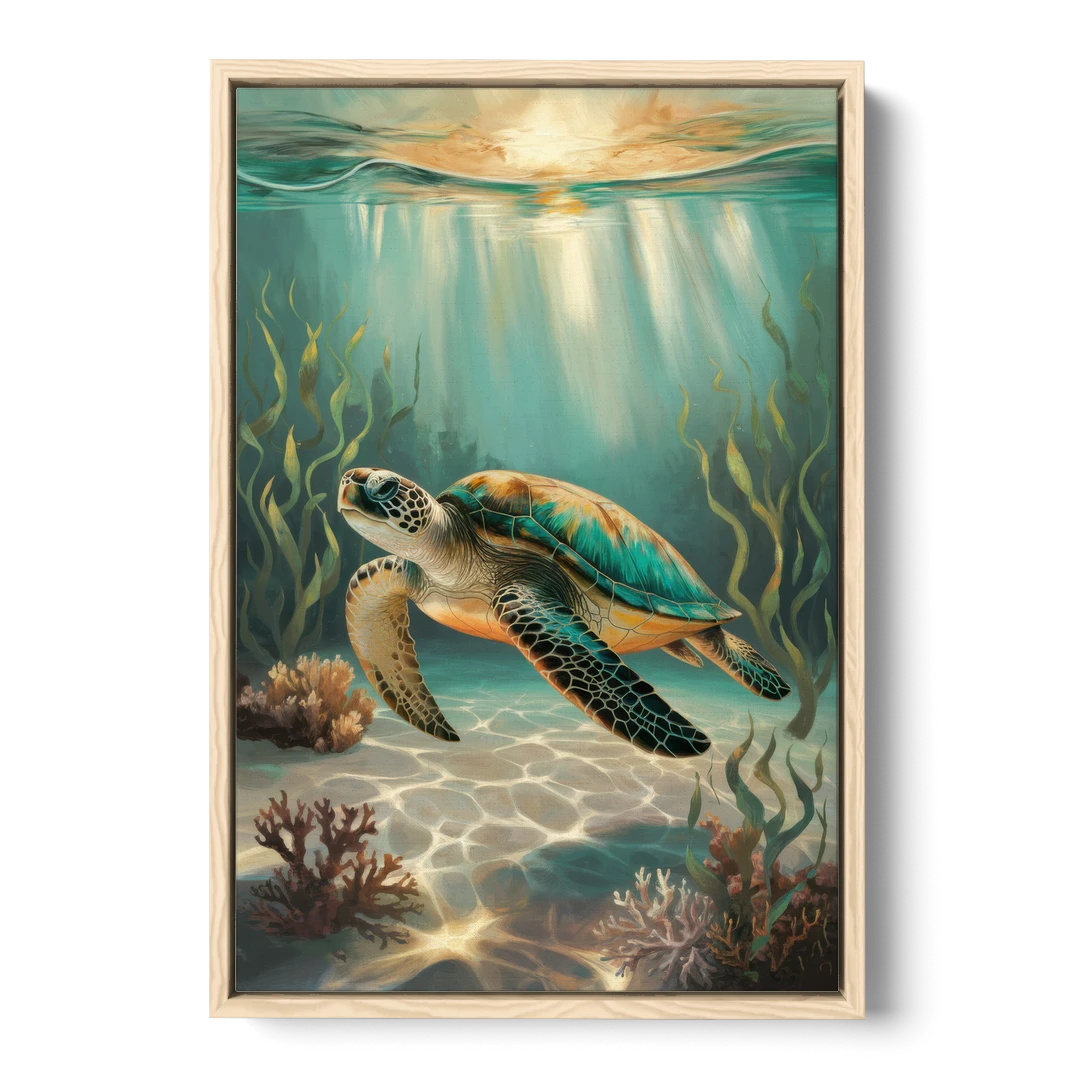 Hilton Head Island Sea Turtle Journey - Oak Framed Canvas Wall Art - Front
