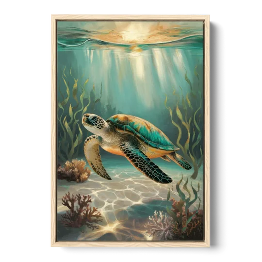 Hilton Head Island Sea Turtle Journey - Oak Framed Canvas Wall Art - Front
