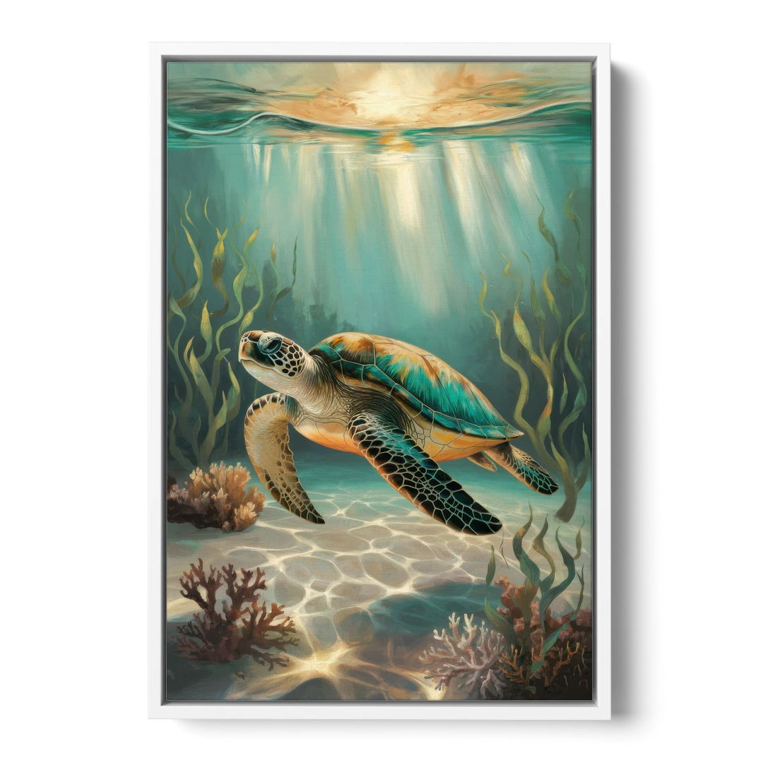 Hilton Head Island Sea Turtle Journey - White Framed Canvas Wall Art - Front