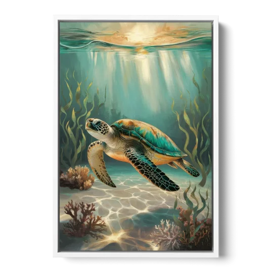 Hilton Head Island Sea Turtle Journey - White Framed Canvas Wall Art - Front