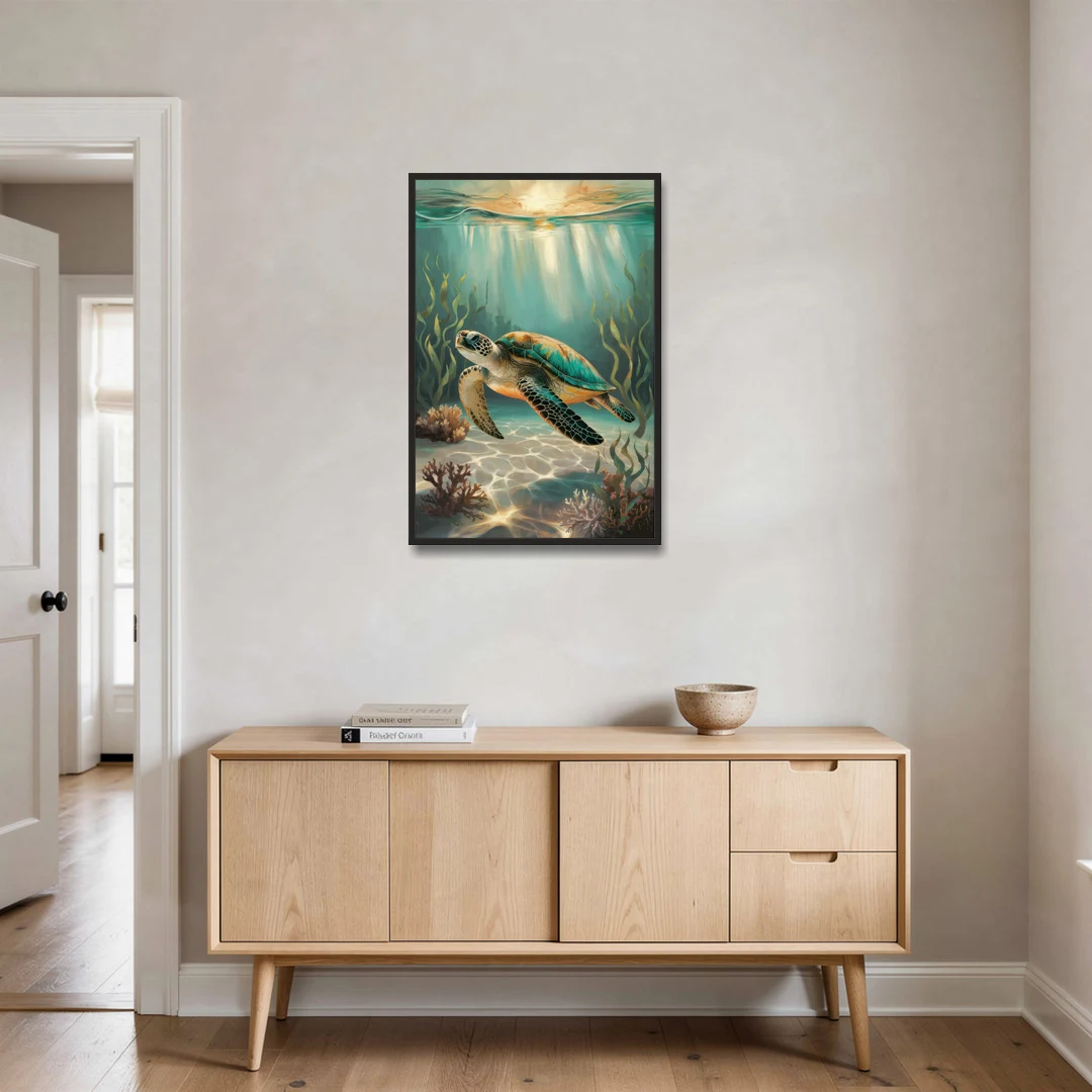 Hilton Head Island Sea Turtle Journey - Black Framed Canvas Wall Art - Coffee Table - 24x36