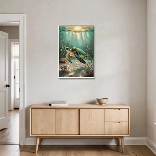 Hilton Head Island Sea Turtle Journey - White Framed Canvas Wall Art - Coffee Table - 24x36