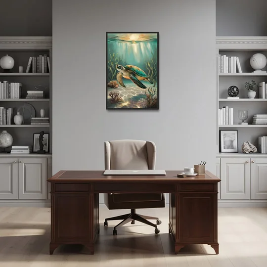 Hilton Head Island Sea Turtle Journey - Black Framed Canvas Wall Art - Office - 24x36