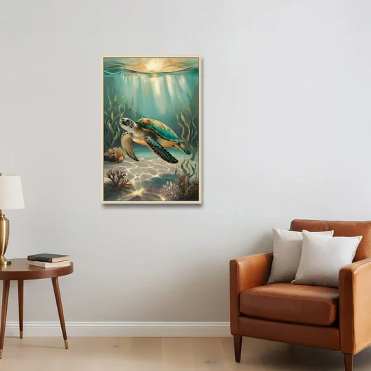Hilton Head Island Sea Turtle Journey - Oak Framed Canvas Wall Art - Sofa - 24x36