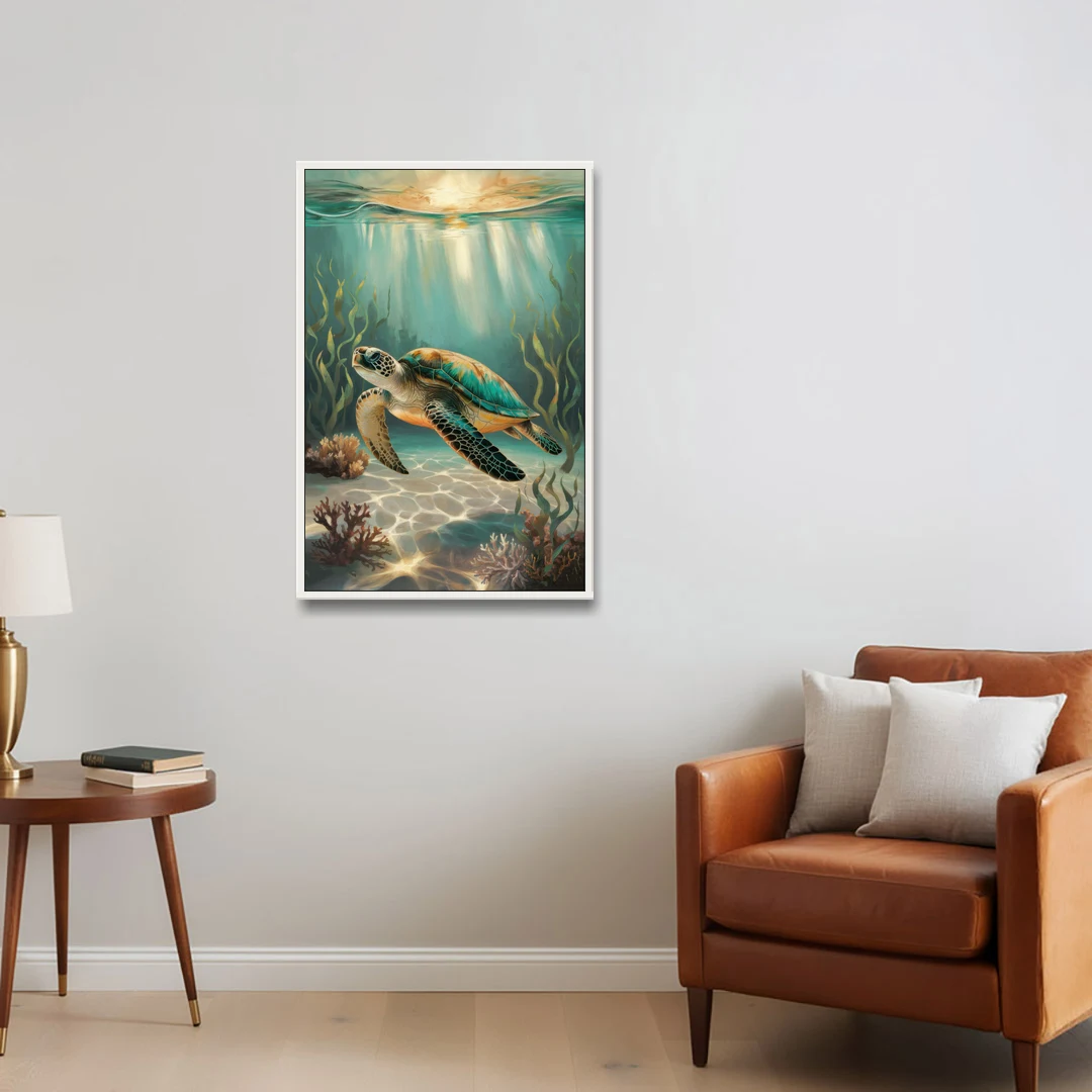 Hilton Head Island Sea Turtle Journey - White Framed Canvas Wall Art - Sofa - 24x36