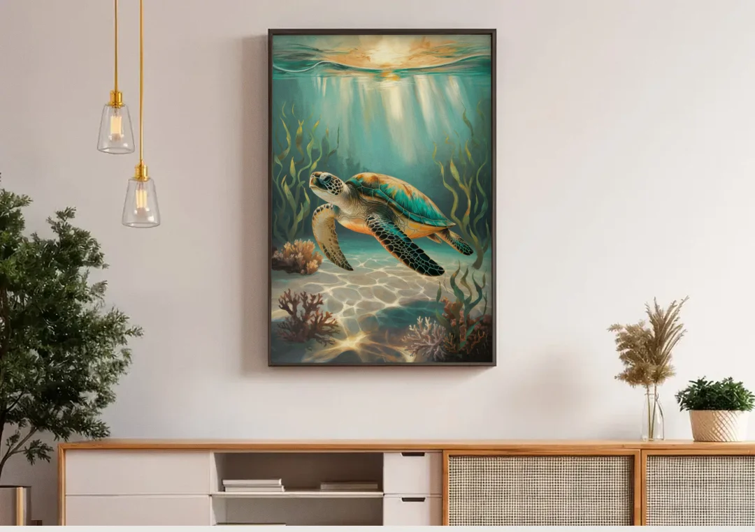 Hilton Head Island Sea Turtle Journey canvas wall art above a wooden sideboard under pendant lights