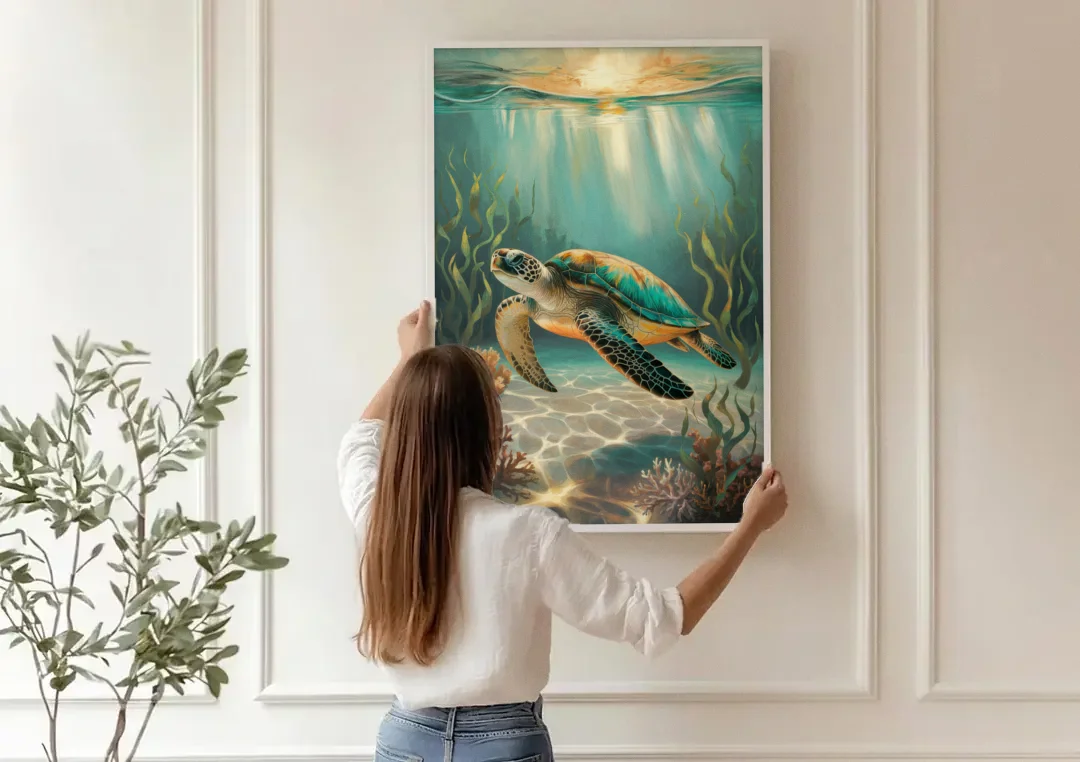Hilton Head Island Sea Turtle Journey canvas wall art being hung on a paneled wall