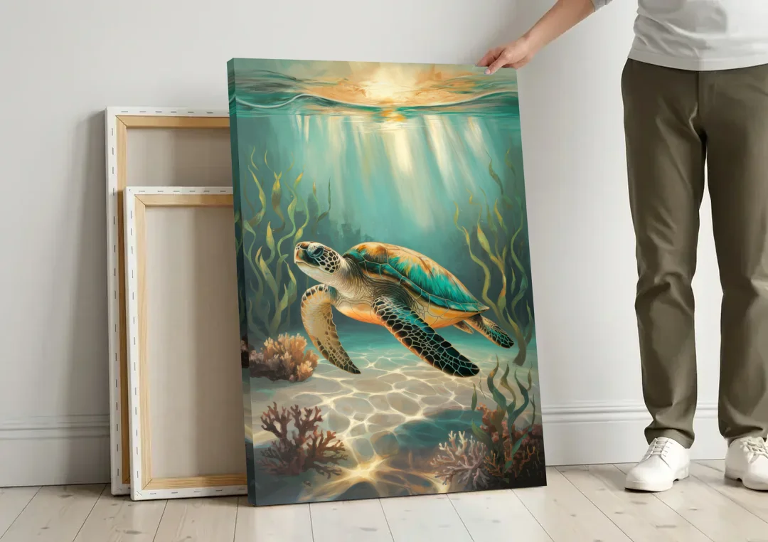 Hilton Head Island Sea Turtle Journey canvas wall art leaning against a wall next to blank canvases