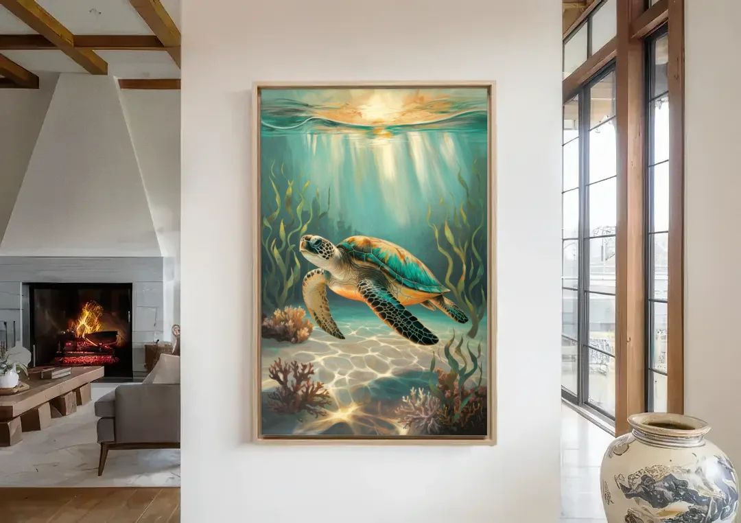 Hilton Head Island Sea Turtle Journey canvas wall art in a living room with a fireplace