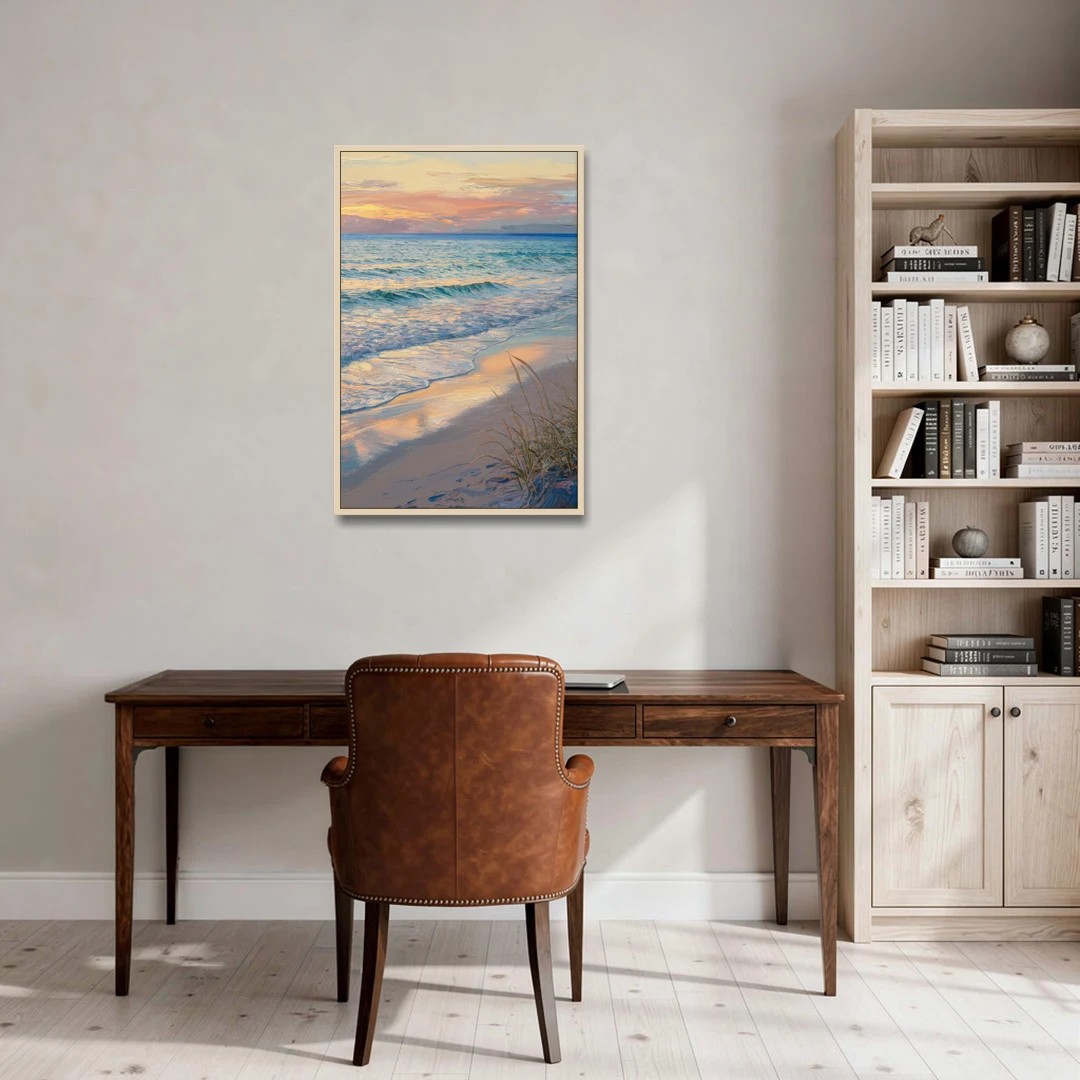 Hilton Head Island Sunset Beach View - Oak Framed Canvas Wall Art - Office - 24x36