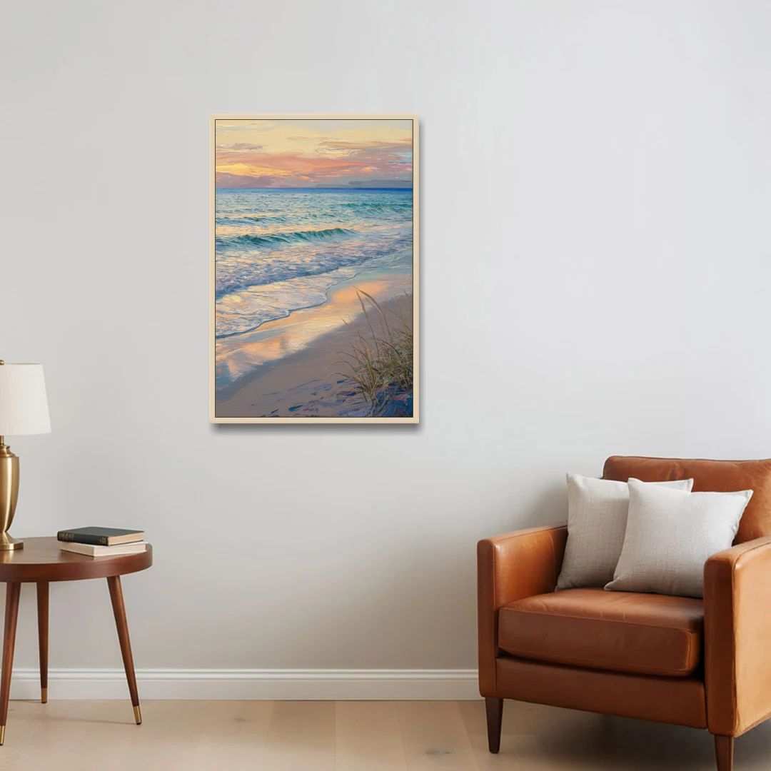 Hilton Head Island Sunset Beach View - Oak Framed Canvas Wall Art - Sofa - 24x36