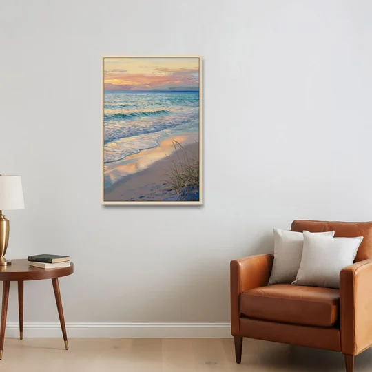 Hilton Head Island Sunset Beach View - Oak Framed Canvas Wall Art - Sofa - 24x36