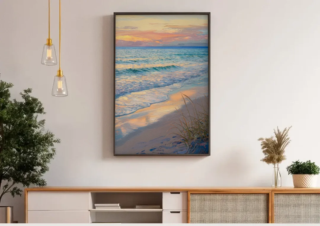 Hilton Head Island Sunset Beach View canvas wall art above a wooden sideboard under pendant lights