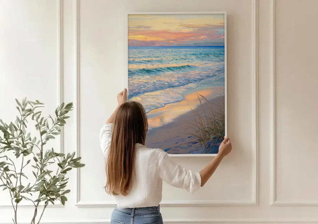 Hilton Head Island Sunset Beach View canvas wall art being hung on a paneled wall